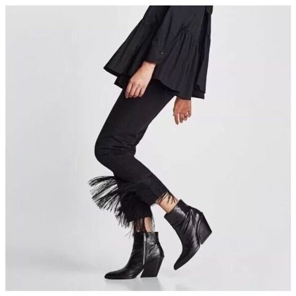 Zara Denim - Zara Women’s Premium Denim Collection High Rise Fringe Black Jeans 10 country
